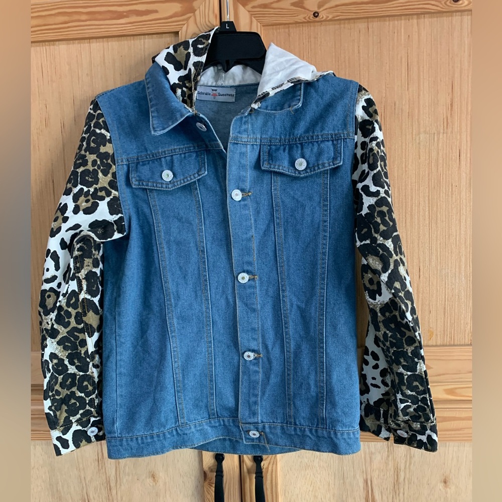 Denim Jean Jacket with Leopard Print Sleeves & Hood Sz 14